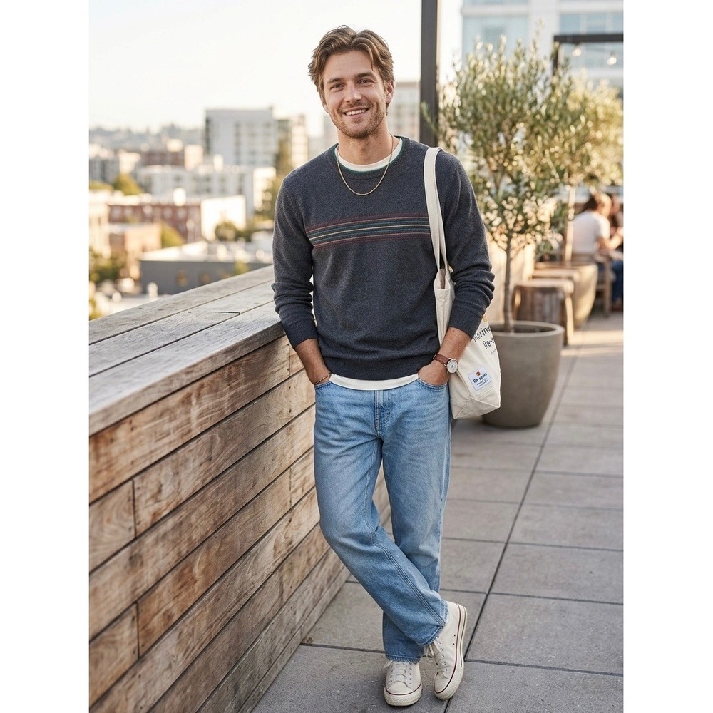 Marine Layer Re-Spun Mens Gray Striped Crewneck Sweater Organic Cotton 14594 S